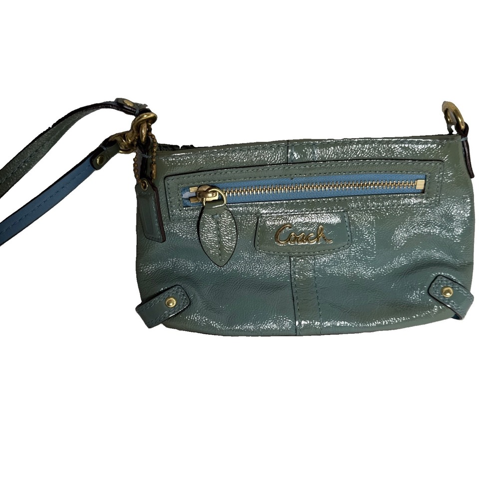 Vtg Y2K COACH Teal Green Patent Leather Large Wristlet Clutch Glossy Slim Pouch